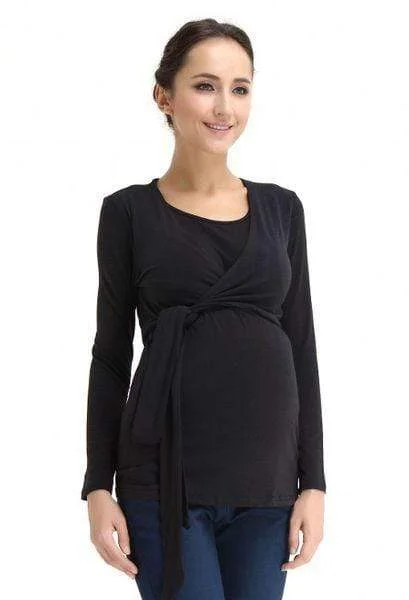 Women's Logo Long Sleeve T-shirt -Vicky Tie Up Bamboo Cotton Long Sleeve Nursing Top Black Women's Logo Long Sleeve T-shirt -Vicky Tie Up Bamboo Cotton Long Sleeve Nursing Top Black