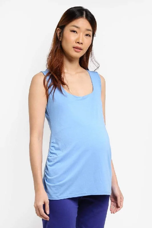 Maternity Dresses with Gathered Neck -Patty Bamboo Cotton Tank Maternity Top Blue