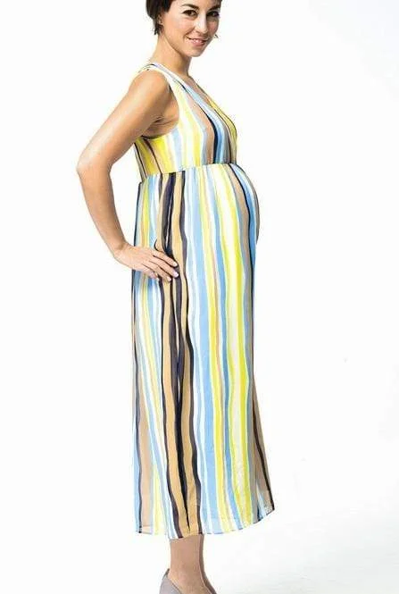 Romantic Maternity Dresses with Lace Accents -Cerise Maxi Maternity Dress Yellow Stripe Romantic Maternity Dresses with Lace Accents -Cerise Maxi Maternity Dress Yellow Stripe