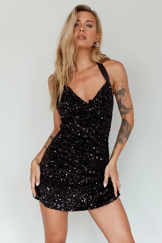 Women's Lace Detailed Mini Dress-Star Lights Halterneck Mini Dress Sequin Black