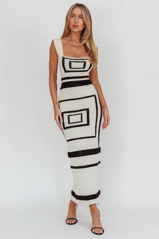 Women's Soft Knit Maxi Dress-Stargazing Square Print Knit Maxi Dress Beige