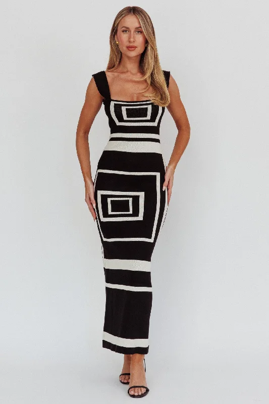 Women's Denim Maxi Dress-Stargazing Square Print Knit Maxi Dress Black