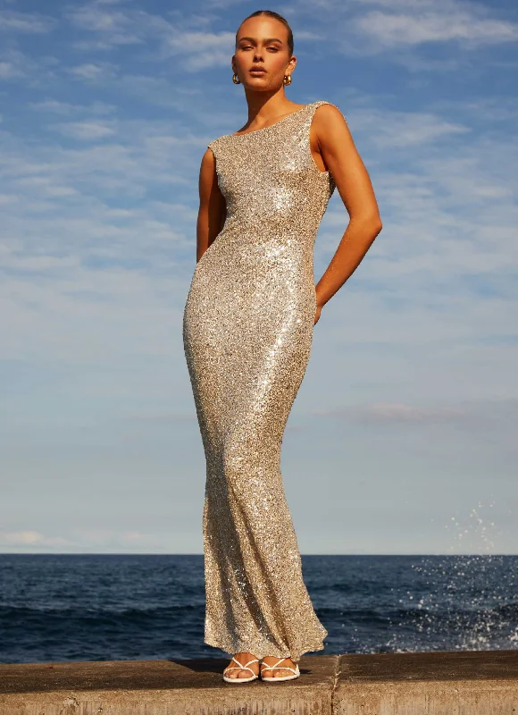 Women's Off-shoulder Floral Maxi Dress-Starry Night Sequin Maxi Dress - Ivory