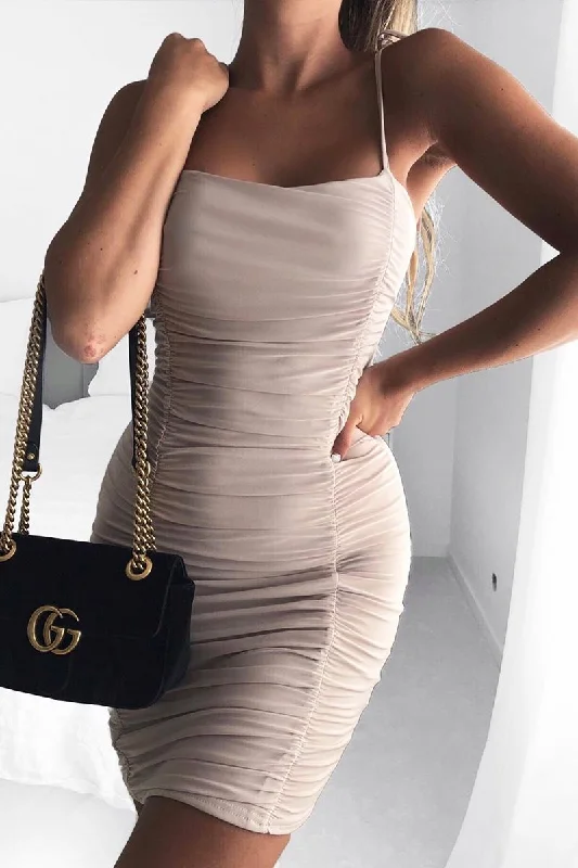 Bodycon Dress for Summer -Stone Slinky Ruched Tie Strap Bodycon Dress - Caressa