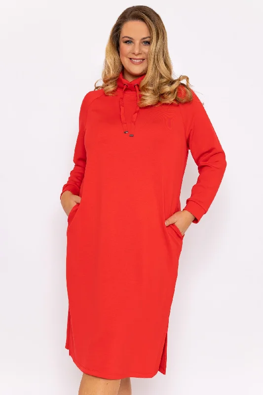 Elegant Shirt Dress for Office-Straight Fit Sweatshirt Dress in Red