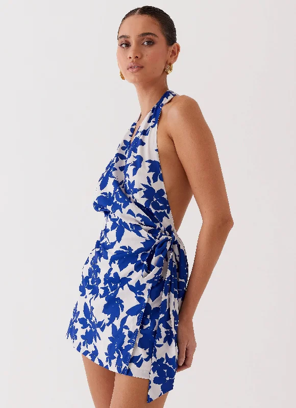 Women's Mini Dress with Belt-Street Blues Wrap Mini Dress - Blue Floral