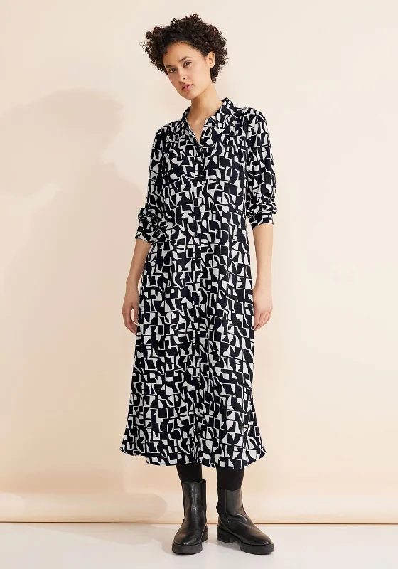 Button-up White Shirt Dress-Street One Monochrome Midi Shirt Dress, Navy