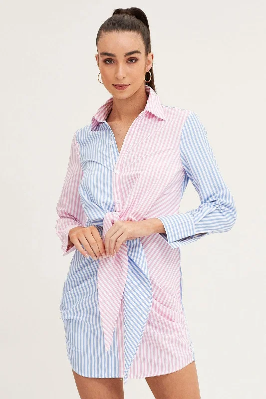 Button-back Shirt Dress-Stripe Shirt Dress Long Sleeve