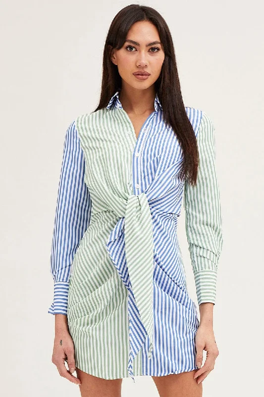 Pockets Shirt Dress-Stripe Shirt Dress Long Sleeve Mini