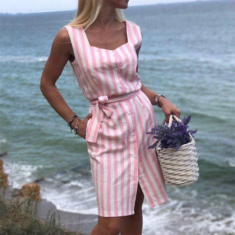 Embroidered Shirt Dress-Striped Sleeveless Button Pocket Shirt Dress Women Casual Lace Up Above-knee Vest Dress Summer Beach Ladies Elegant Dress New