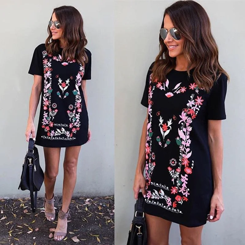 Women's Button-down Shirt Dress with Pockets-Summer 2018 Fashion Short Dress Black tshirt dress Casual Women Short Sleeve Printed t shirt streetwear loose shift dress