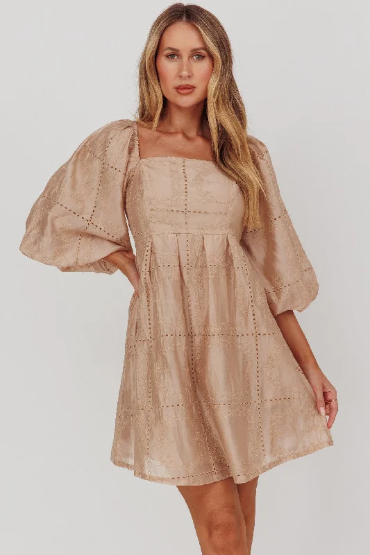 Women's Puff Sleeve Mini Dress-Summerlin Puff Sleeve Eyelet Mini Dress Beige