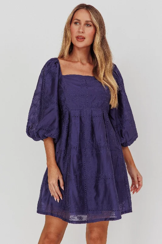 Women's Blue Mini Dress-Summerlin Puff Sleeve Eyelet Mini Dress Navy