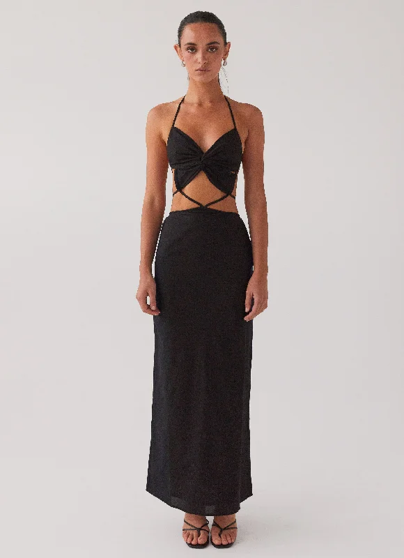 Women's Puff Sleeve Floral Maxi Dress-Summers In Saint Tropez Maxi Dress - Black