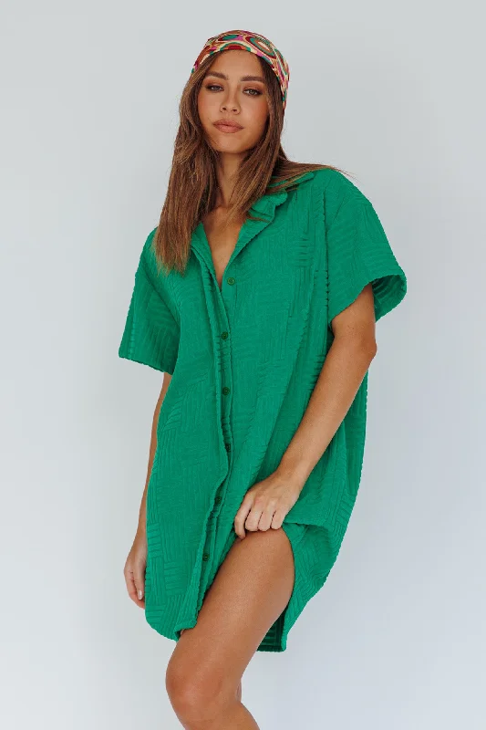 Denim Shirt Dress-Sun Time Textured Shirt Dress Green