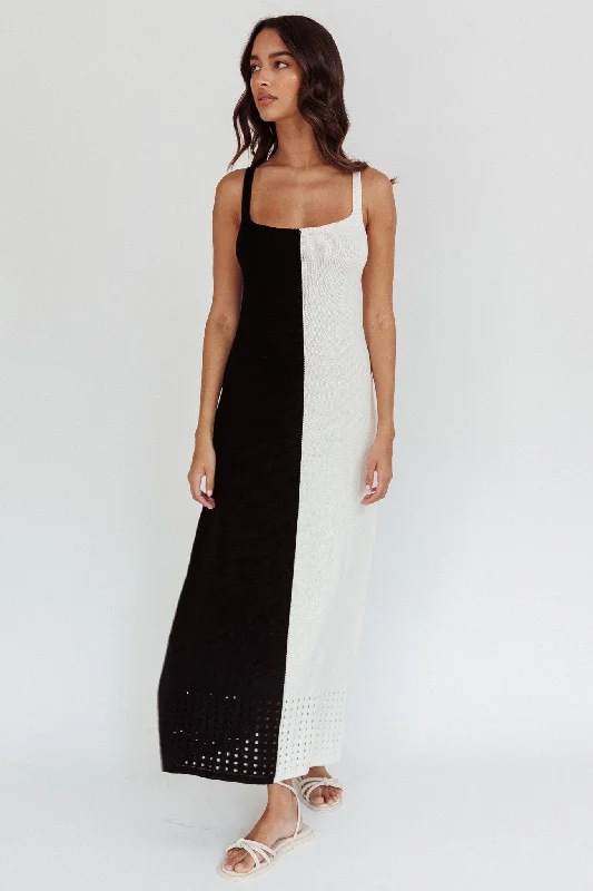 Women's Long-sleeve Boho Maxi Dress-Sunday Fun Day Knit Maxi Dress Black Cream