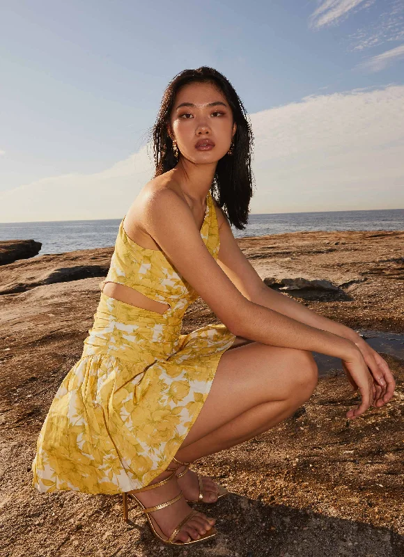 Women's Frill Neck Mini Dress-Sunkissed Hearts One Shoulder Mini Dress - Daffodil