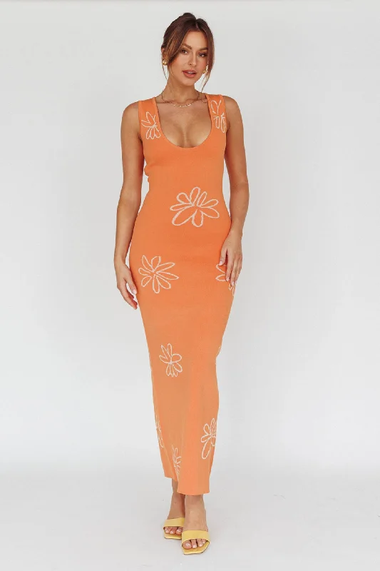 Women's Chiffon Maxi Dress-Sunland Knit Maxi Dress Flower Tangerine