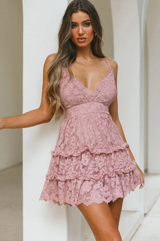 Women's Spaghetti Strap Mini Dress-Sunshine Morning Crochet Lace Frill Trim Tied Back Lace Mini Dress Rose Women's Spaghetti Strap Mini Dress-Sunshine Morning Crochet Lace Frill Trim Tied Back Lace Mini Dress Rose