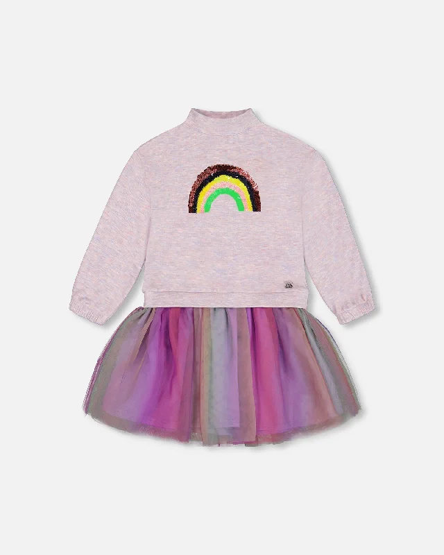 Loose Shirt Dress-Super Soft Sweatshirt Dress With Rainbow Tulle Skirt