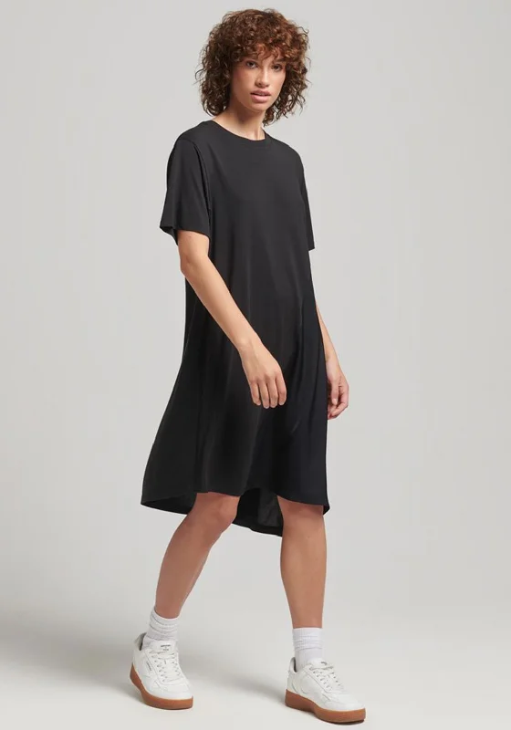 Fashionable Button-up Shirt Dress-Superdry Womens Mix Fabric T-Shirt Dress, Black
