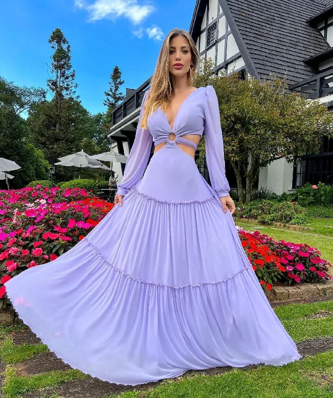 Women's Silk Floral Maxi Dress-Susan Summer Maxi Dress in Lavender