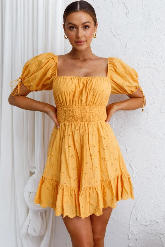 Women's Strappy Mini Dress-Sweet Devotion Puff Sleeve Shirred Waist Eyelet Mini Dress Orange Women's Strappy Mini Dress-Sweet Devotion Puff Sleeve Shirred Waist Eyelet Mini Dress Orange