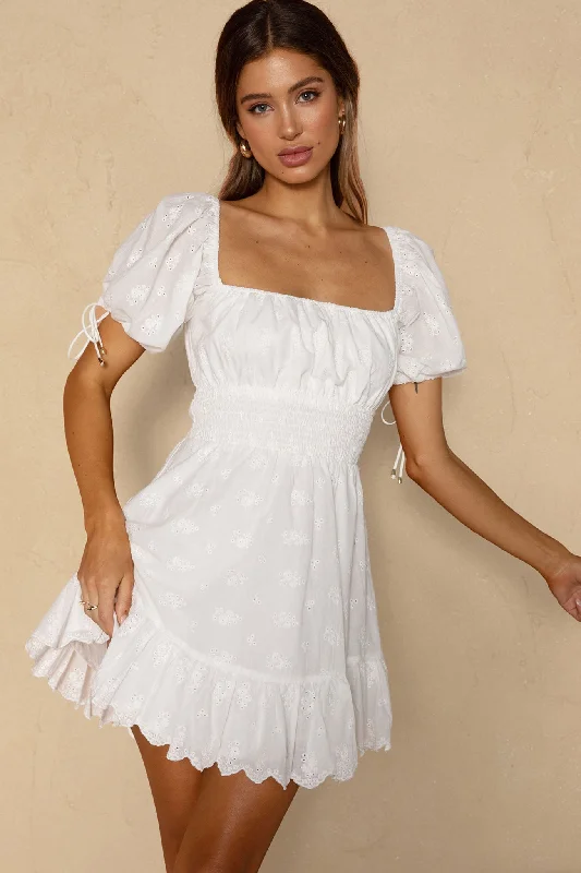 Women's High-neck Mini Dress-Sweet Devotion Puff Sleeve Shirred Waist Eyelet Mini Dress White
