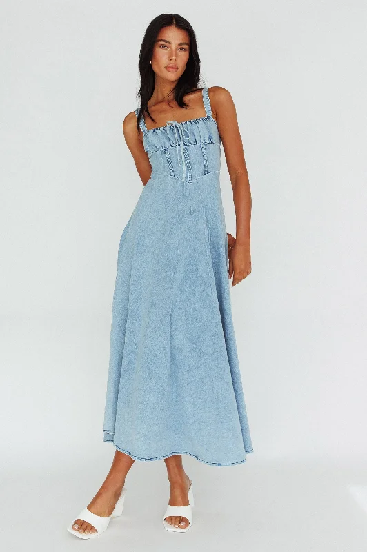 Women's Ruched Front Maxi Dress-Sweet Pea Tied Bust Maxi Dress Denim Blue