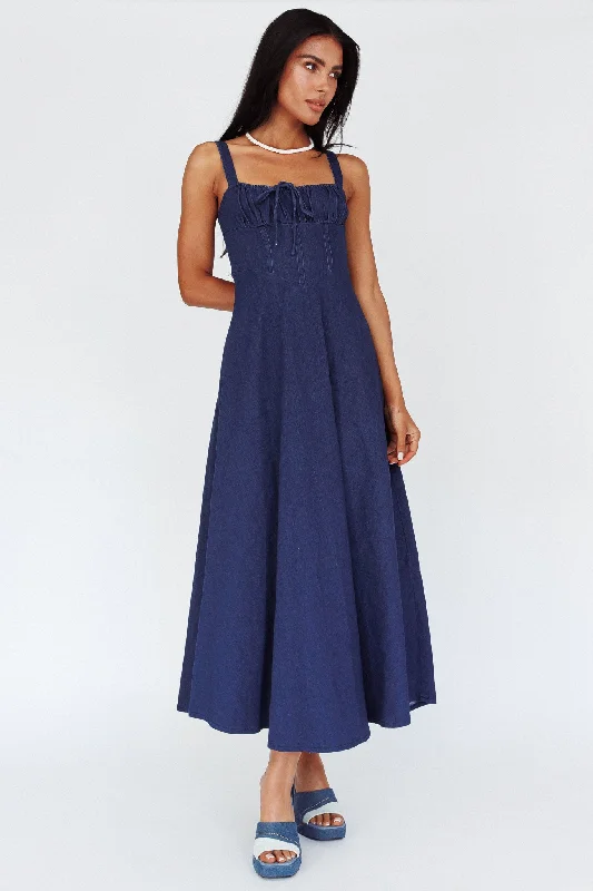 Women's V-neck Chiffon Maxi Dress-Sweet Pea Tied Bust Maxi Dress Indigo