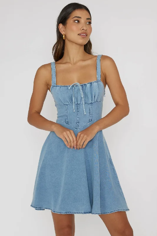 Women's Fitted A-Line Mini Dress-Sweet Pea Tied Bust Mini Dress Denim Blue