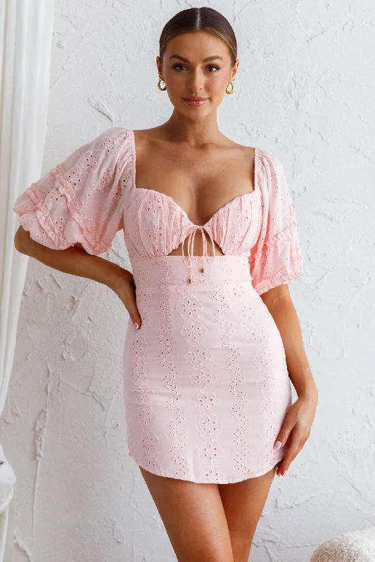 Women's Polka Dot Sleeveless Mini Dress-Sweet Romance Puff Sleeve Eyelet Mini Dress Baby Pink Women's Polka Dot Sleeveless Mini Dress-Sweet Romance Puff Sleeve Eyelet Mini Dress Baby Pink