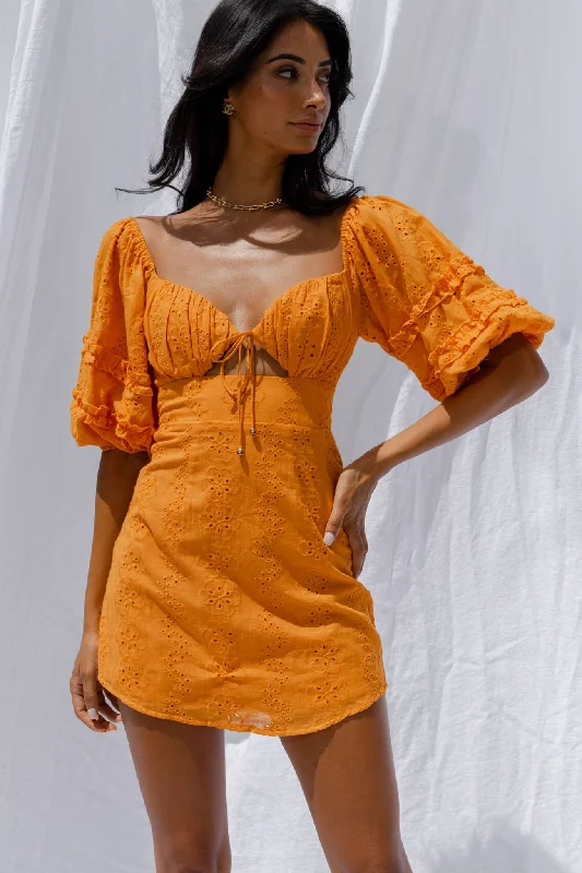 Women's Flared Sleeve Mini Dress-Sweet Romance Puff Sleeve Eyelet Mini Dress Sunset Women's Flared Sleeve Mini Dress-Sweet Romance Puff Sleeve Eyelet Mini Dress Sunset