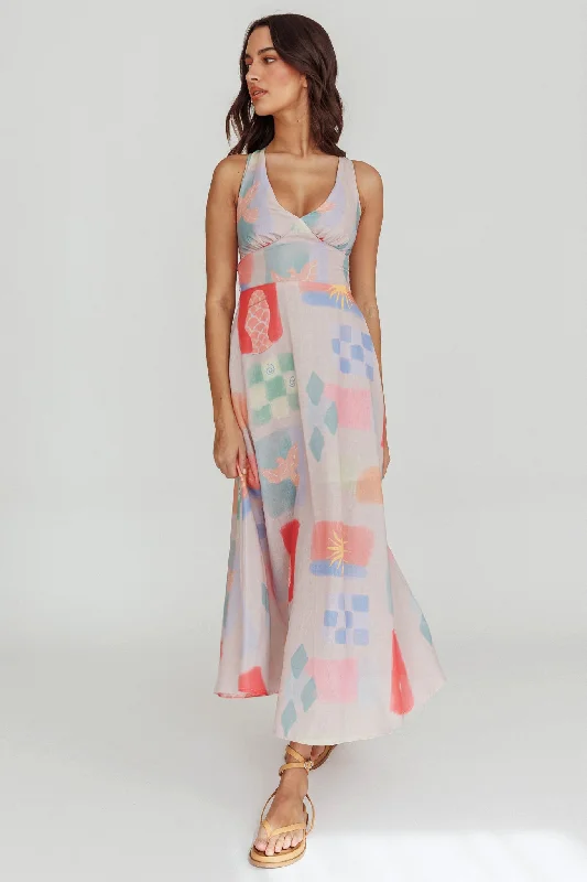 Women's Boho V-neck Maxi Dress-Sweethearts A-Line Print Maxi Dress Multi