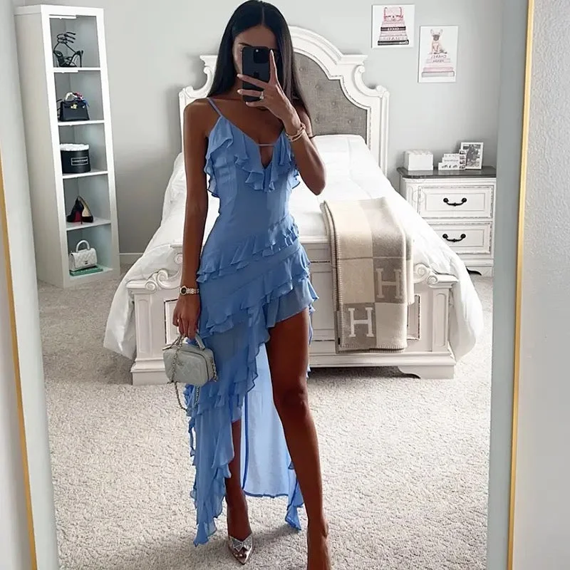 Women's Boho Crochet Maxi Dress-Swiss Ruffled Maxi Dress in Blue