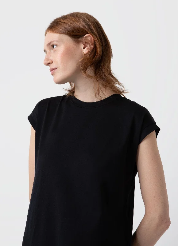Women's Casual Check Shirt Dress-Women's T-shirt Dress in Black