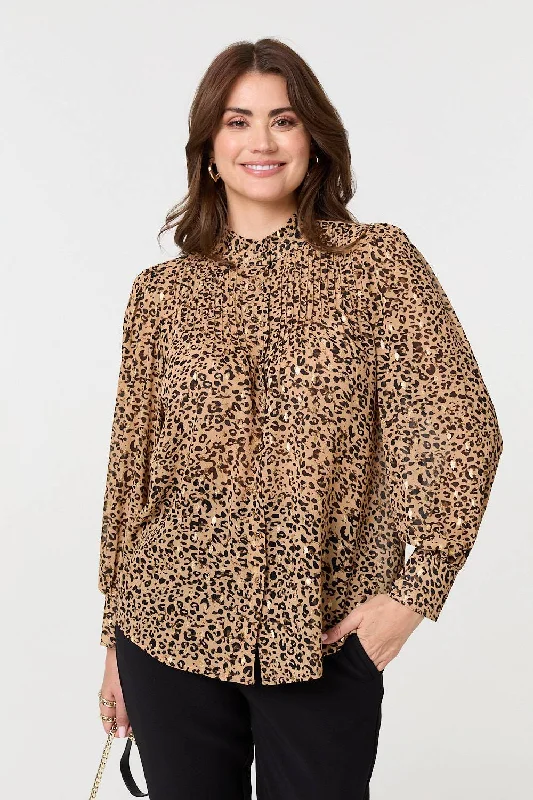 Women's Plunge Top -Animal Print High Neck Loose Fit Blouse