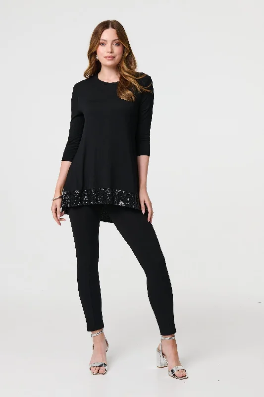 Women's Modal Top -Sequin Trim Longline Jersey T-Shirt