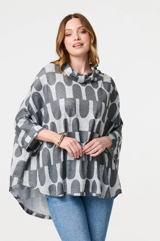 Women's Vintage Blouse -Geo Print Roll Neck Oversized Top