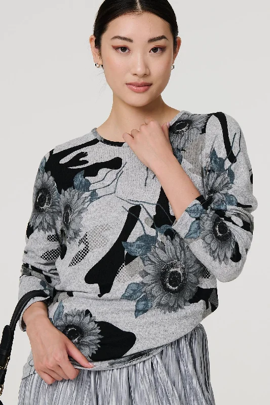 Women's Loose Fit Long Sleeve T-shirt -Floral Relaxed Long Sleeve Top