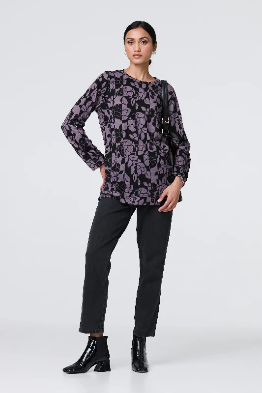 Women's Long Sleeve T-shirt with Drawstring -Floral Print Relaxed Long Sleeve Top
