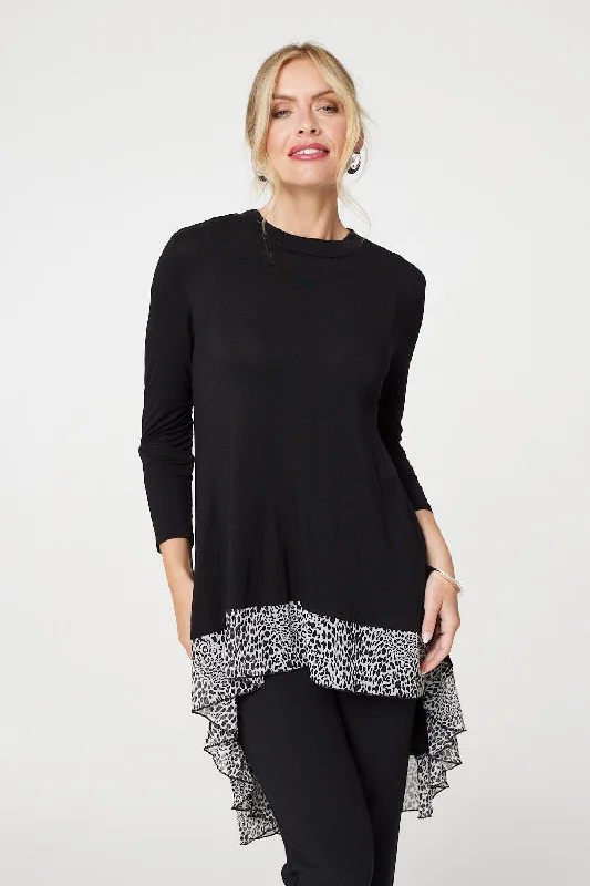 Women's Cuffed Sleeve Top -Animal Print High Low Jersey Top