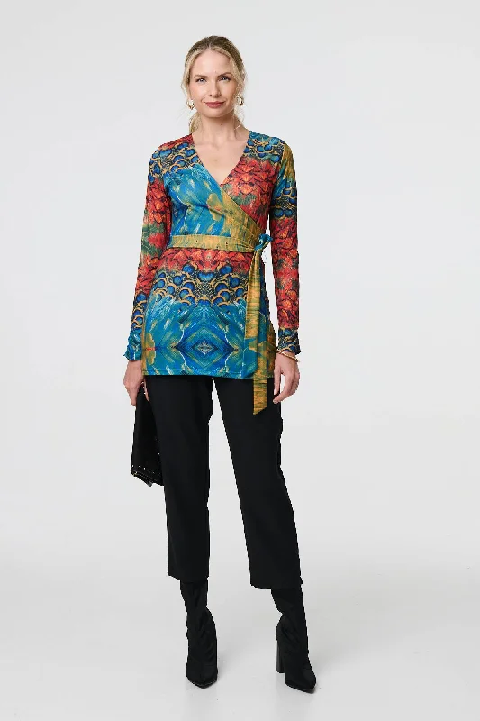 Women's Long Sleeve T-shirt with Long Sleeves -Printed Tie Waist Long Sleeve Wrap Tunic Top