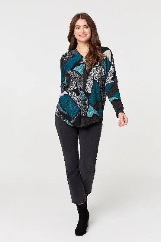 Women's Oversized Long Sleeve T-shirt -Abstract Print Zip-Front Long Sleeve Top
