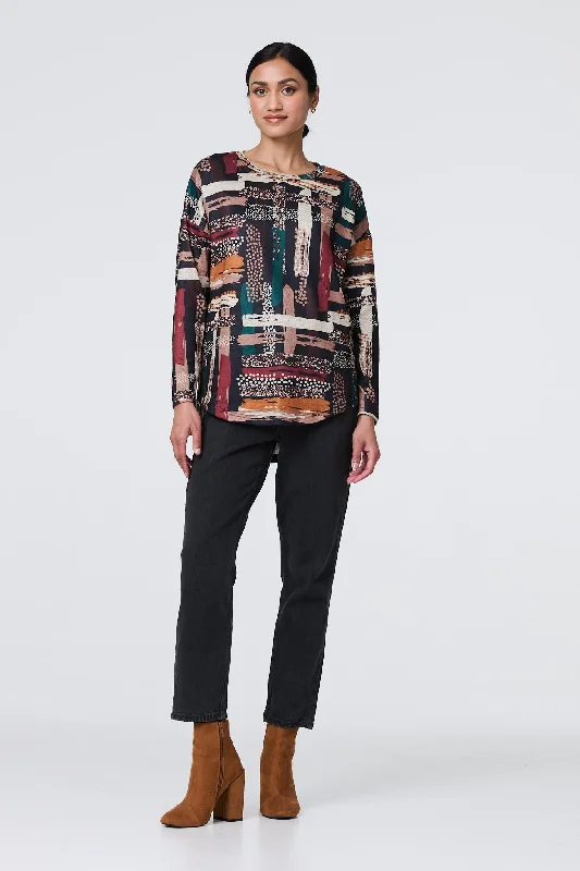 Women's Long Sleeve T-shirt with Pockets -Brushstroke Print Curved Hem Long Sleeve Top Women's Long Sleeve T-shirt with Pockets -Brushstroke Print Curved Hem Long Sleeve Top