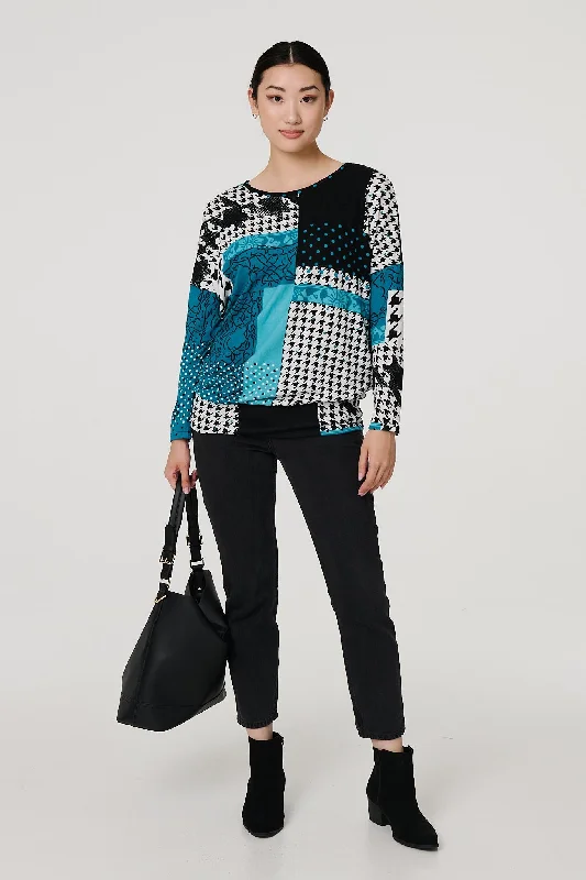 Women's Flattering Long Sleeve T-shirt -Patchwork Print Long Sleeve Top