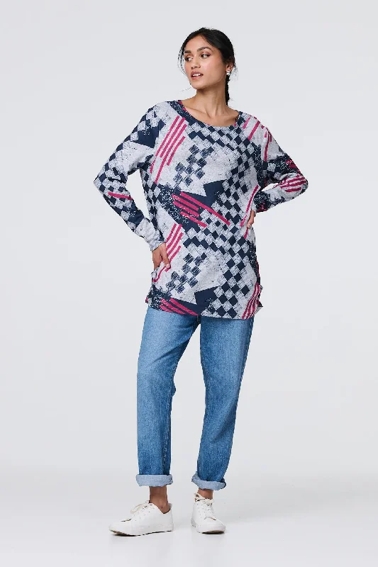 Women's Long Sleeve T-shirt with Ribbed Detail -Geo Print Long Sleeve Tunic Top