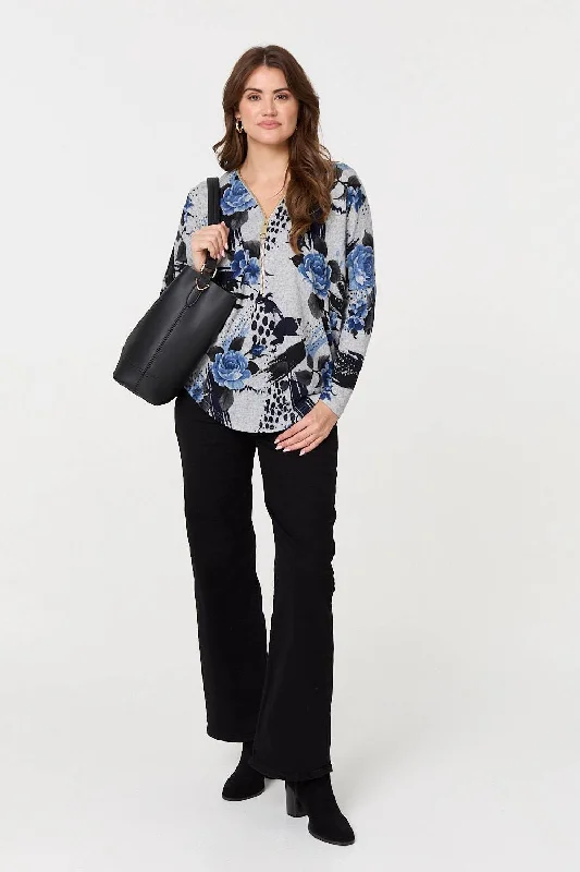 Women's T-shirt Top -Floral Zip Front V-Neck Sweatshirt