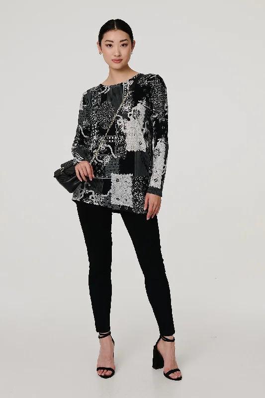 Women's Fashionable Long Sleeve T-shirt -Patchwork Print Long Sleeve Tunic Top