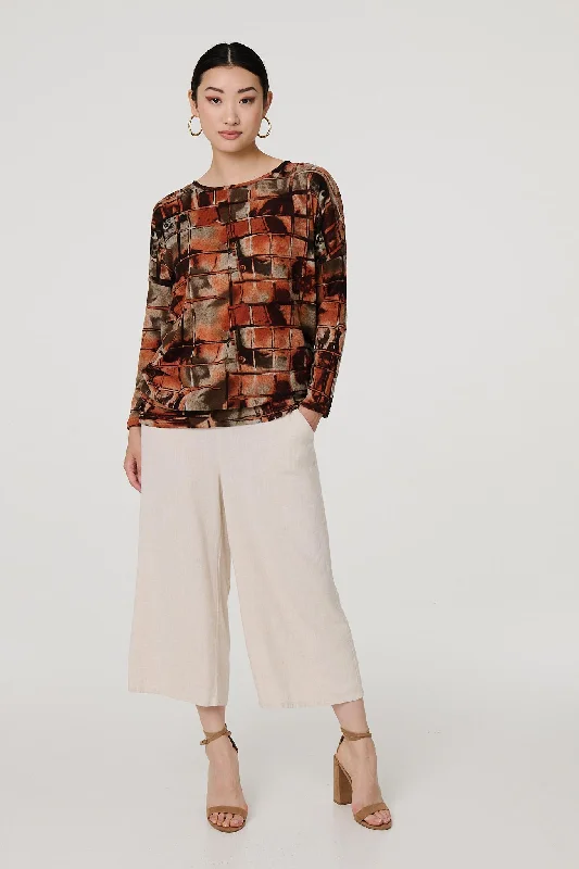 Women's T-shirt with Long Sleeves and V-neck -Abstract Long Sleeve Scoop Neck Top